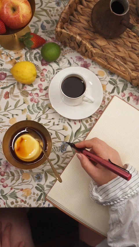 Writing in notebook beside black coffee and flan pudding top view Vertical Video Stock Footage 335422387