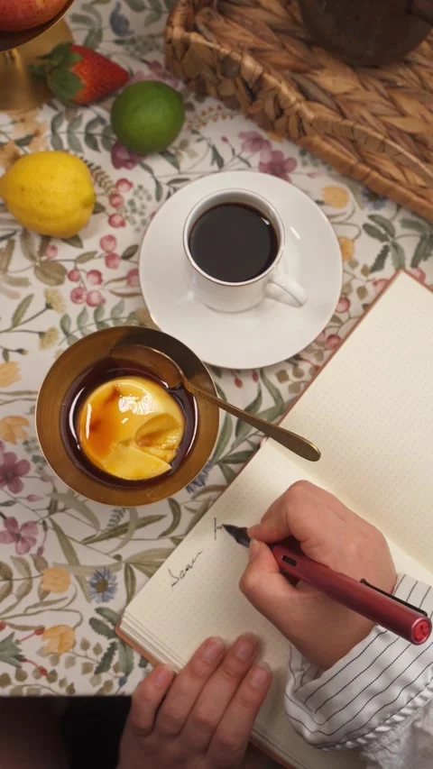 Writing in notebook beside black coffee and flan pudding top view Stock Footage 335422394