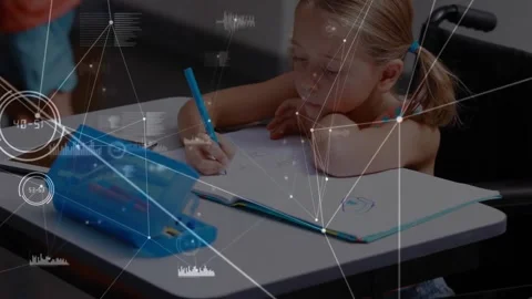 Writing in notebook, child at desk with data processing animation over scene Stock Footage 326033017