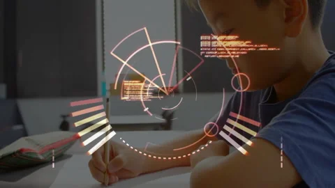 Writing in notebook, student with futuristic data processing animation over Stock Footage 303538944
