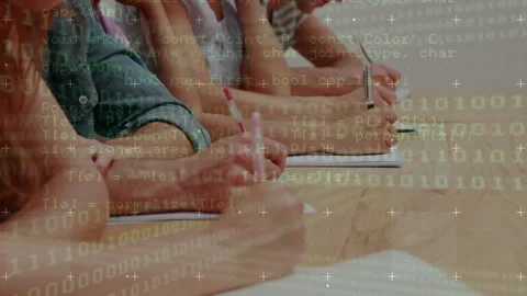 Writing in notebooks, students with binary coding and data processing animation Video stock 305292665