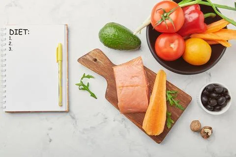 Writing a notepad with text diet, copy space. Fodmap, Mediterranean, Paleo, diet Stock Photos