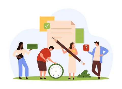 Writing notes, editor mobile app for planning, tiny people holding big pencil Stock Illustration