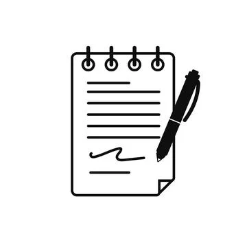 Writing notes icon. Black note on sheet of diary with pen Stock Illustration