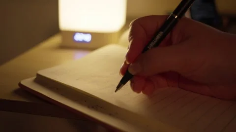 Writing Notes in Notebook Beside Laptop in Warm Light Stock Footage 344946781