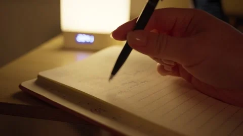 Writing Notes in Notebook Beside Laptop in Warm Light Vídeos de archivo 344946944