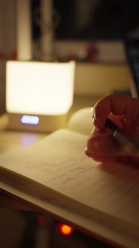 Writing Notes in Notebook Beside Laptop in Warm Light Stock Footage 344949766
