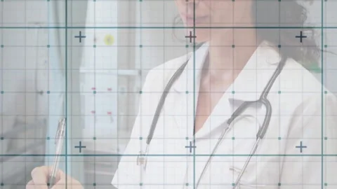 Writing over grid pattern animation, healthcare professional holding stethoscope Video stock 305028878