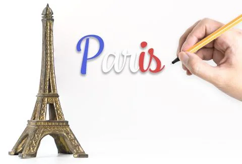 Writing Paris text on Eiffel tower for Paris travel concept Foto stock
