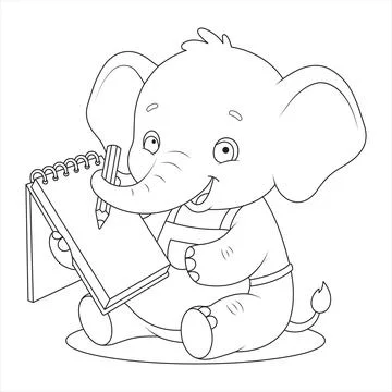 Writing pencil notepad elephant drawing on sketchbook with trunk in apron s.. Stock Illustration