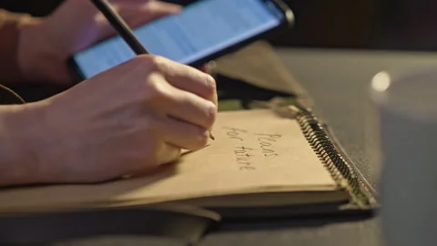 Writing plans for future to the Note book with leather covering, artists kit Stock Footage 155331912