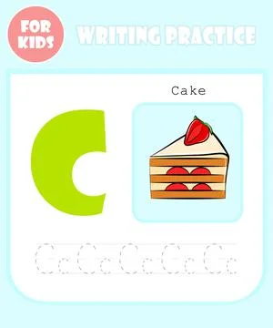 Writing practice book page, vector alphabet cartoon template, education for k Stock Illustration