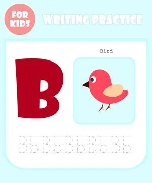 Writing practice book page, vector alphabet cartoon template, education for k Stock Illustration