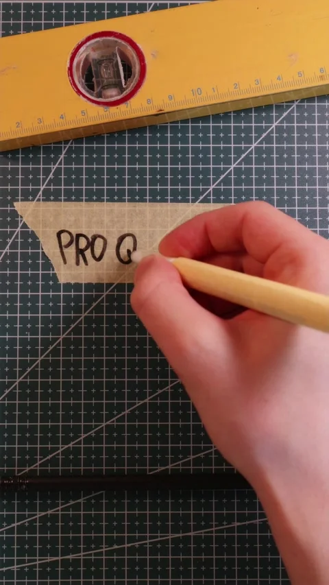Writing PRO QUALITY on masking tape with tools. Stock Footage 337816405