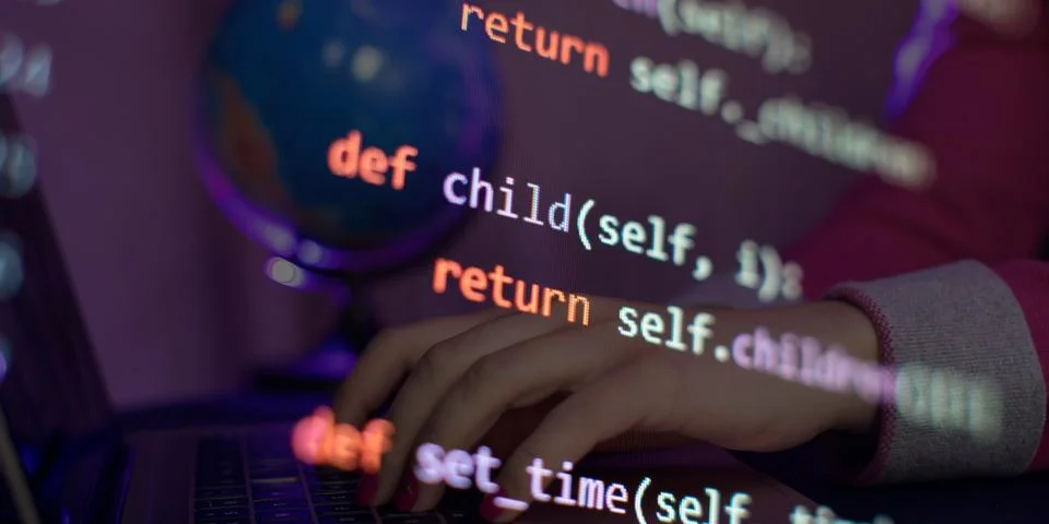 Writing programming functions on laptop. Big data and Internet of things tren Stock Photos