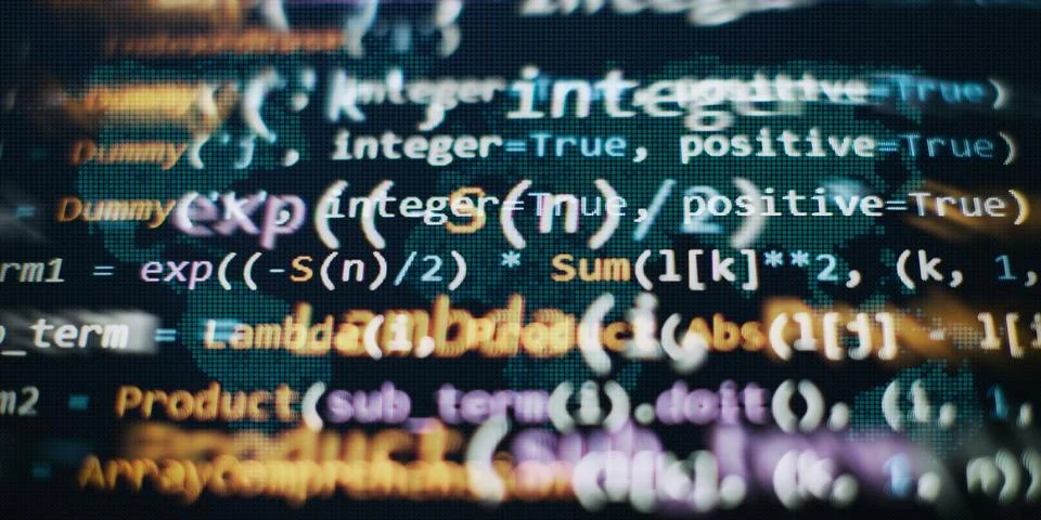 Writing programming functions on laptop. Big data and Internet of things tren Foto stock