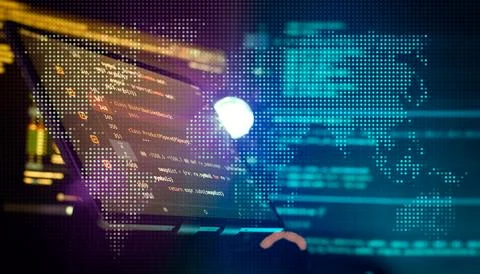 Writing programming functions on laptop. Big data and Internet of things tren 스톡 사진