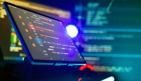 Writing programming functions on laptop. Big data and Internet of things tren Stock-Fotos