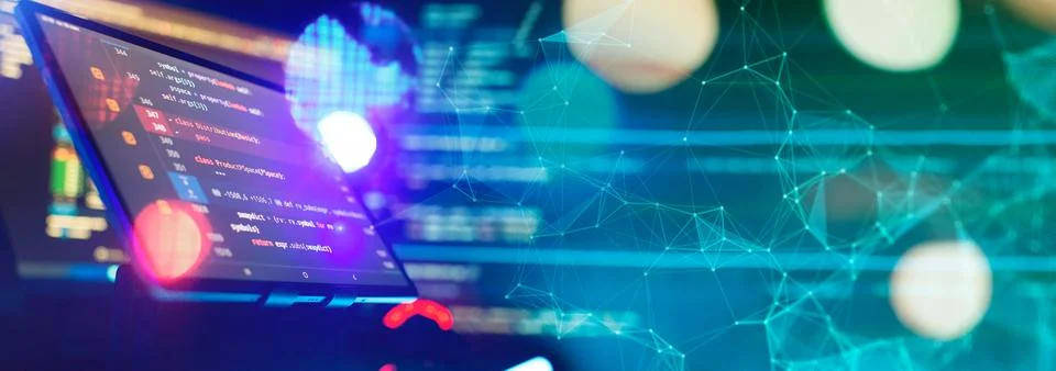 Writing programming functions on laptop. Big data and Internet of things tren Stock Photos