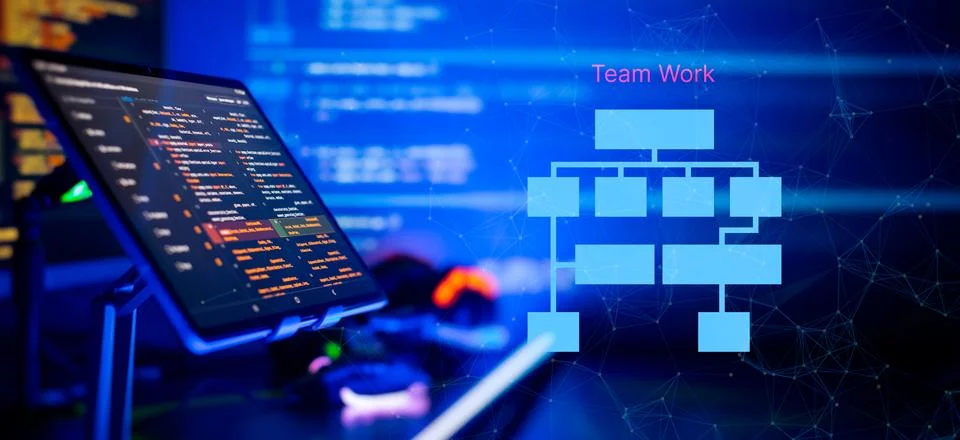 Writing programming functions on laptop. Big data and Internet of things tren Stock-Fotos