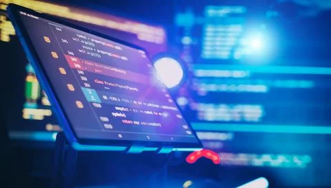 Writing programming functions on laptop. Big data and Internet of things tren Stock-Fotos