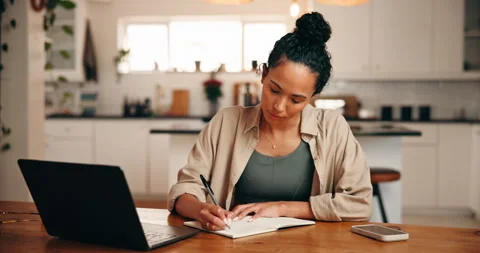 Writing, remote work from home or woman with computer, notebook for idea or Stock Footage 329439011