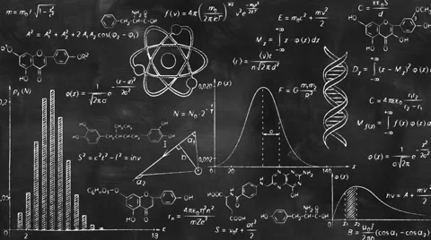 Writing scientific formulas on black chalkboard Stock Footage