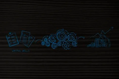 Writing skills processed by gearwheels into creating profits with cash and ar Stock Illustration