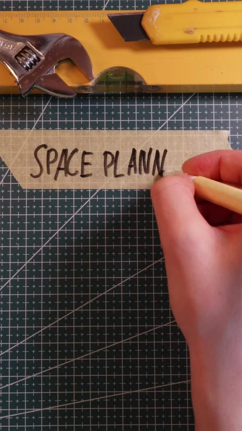 Writing SPACE PLANNING on tape with tools. Stock Footage 337816394