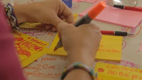 Writing on sticky notes Video stock 72573328