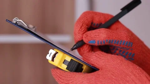 Writing with tape-line in hands Vídeo Stock 85167269