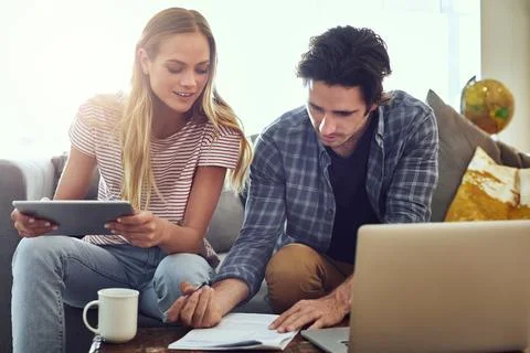Writing, tech and couple with documents for finance review, savings and bud.. Stock Photos