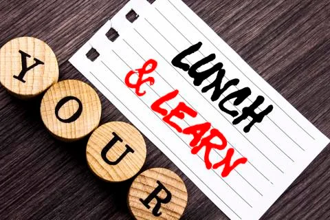 Writing text showing  Lunch And Learn. Business photo showcasing Presentation Illustrazione stock