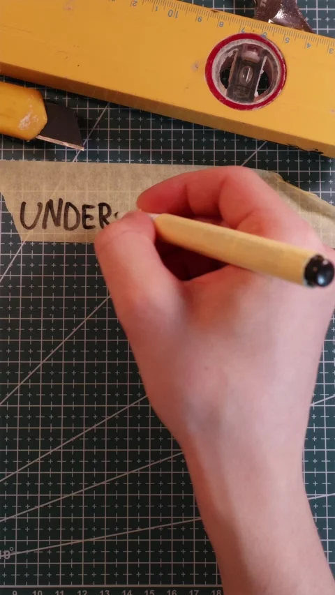 Writing UNDER CONSTRUCTION on tape with tools. Stock Footage 337816392