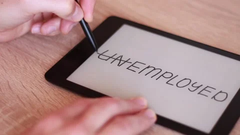 Writing UNEMPLOYED on Electronic tablet and crossing it out Stock Footage 166210153