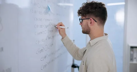 Writing, white board and man in classroom, notes and education of course in Stock Footage 281083010
