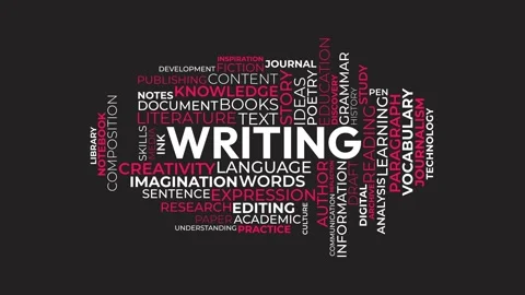 Writing Word Cloud Animation with Literature and Education Typography on Bl.. Stock Footage 343780290