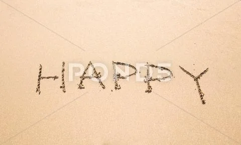Written Words Happy On Sand Of Beach