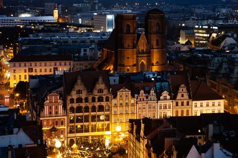 Wroclaw at night at sunset. View from above Stock Photos