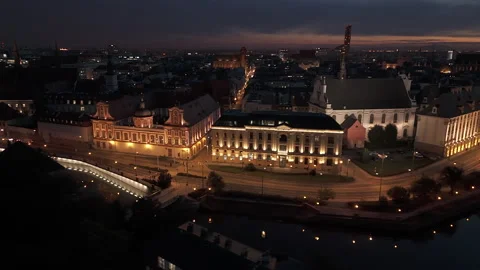 Wroclaw at Night time Aerial drone view of historic riverfront Stock Footage 270421522