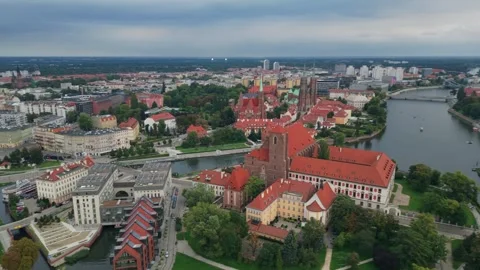 Wroclaw Old Town, Oder River and Red-Tiled Roofs from Above Stock-Footage 346293215