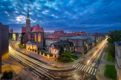 Wroclaw, Poland. Aerial cityscape at dusk with church Stock Photos