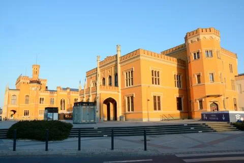 Wroclaw, Poland - June 6, 2015: Main railway station building at sunset in Wr Stock Photos