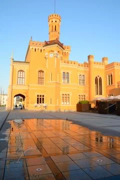 Wroclaw, Poland - June 6, 2015: Main railway station building and small fount Stock Photos