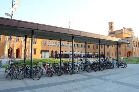 Wroclaw, Poland - June 6, 2015: Bicycles standing at main railway station bui Stock Photos