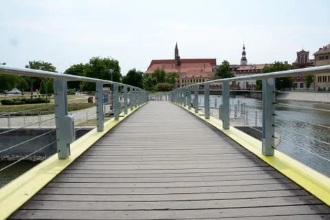 Wroclaw, Poland - June 7, 2015: Pedestrian bridge on Odra river canal in Wroc Stock Photos