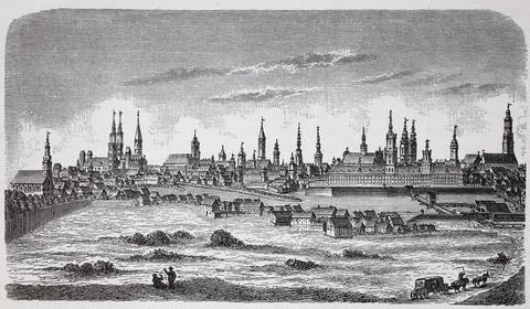 Wroclaw Poland seen from the Oder River mid 18th century Historic digitally Stock-Illustration