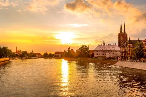 Wroclaw, Poland sunset panorama Oder river Stock Photos