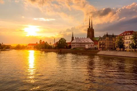Wroclaw, Poland sunset panorama Oder river Stock Photos