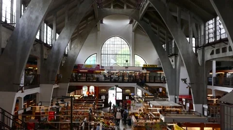 Wroclaw, Poland: Tilt down of the interior of Hala Targowa market hall Stock Footage 67894496